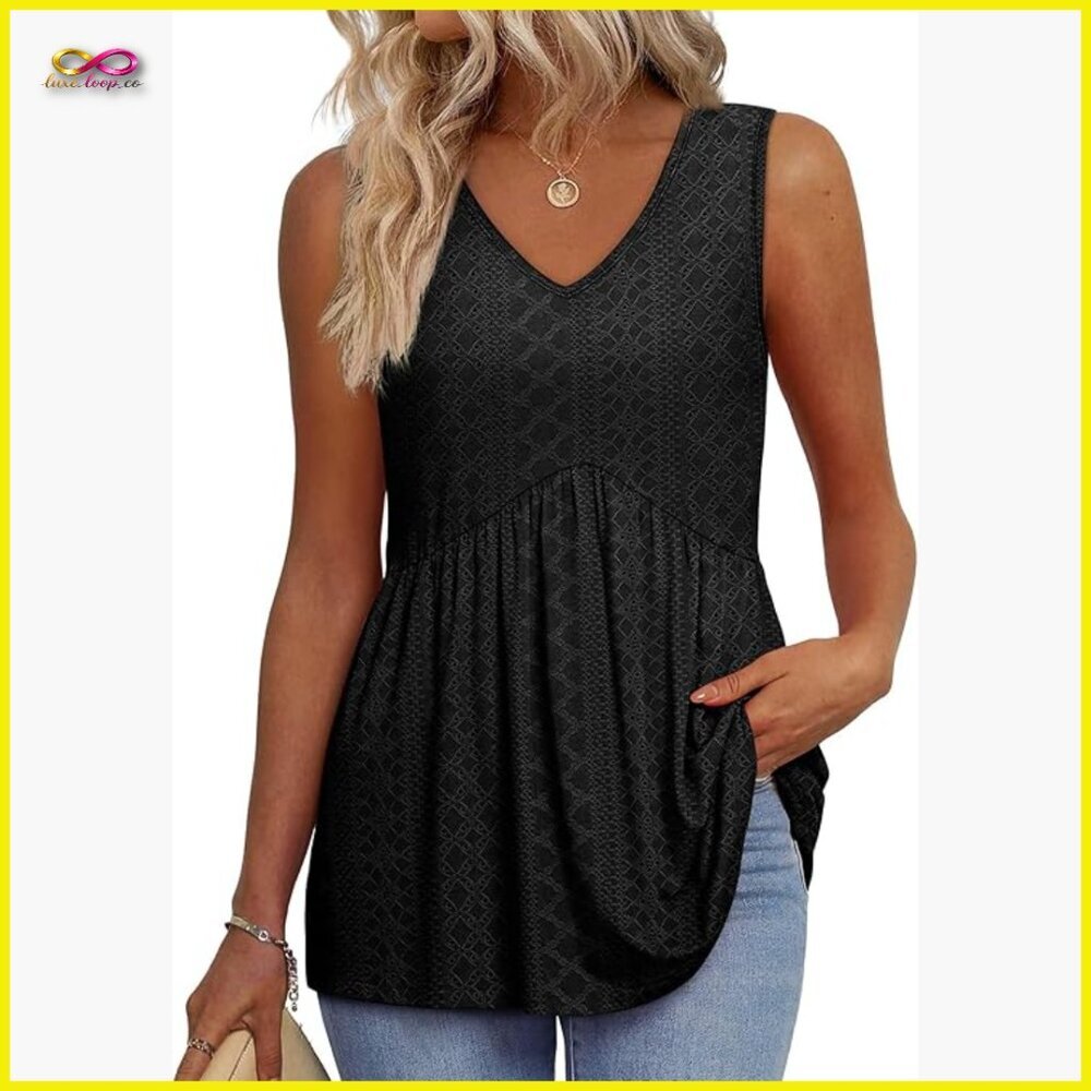 Flowy Peplum Babydoll Tank Top Sleeveless V Neck Chic Casual Summer Wear
